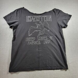 Led Zeppelin Graphic Tee Women L Black Fair Distressed 1977 Tour Off Shoulder